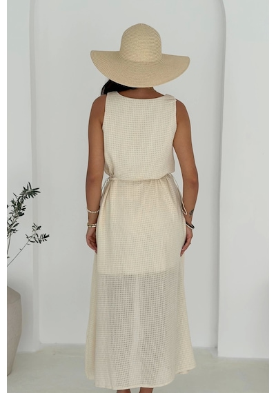 Asprin Fashion Etamin Kumaş Süs Düğmeli Elbise Beyaz