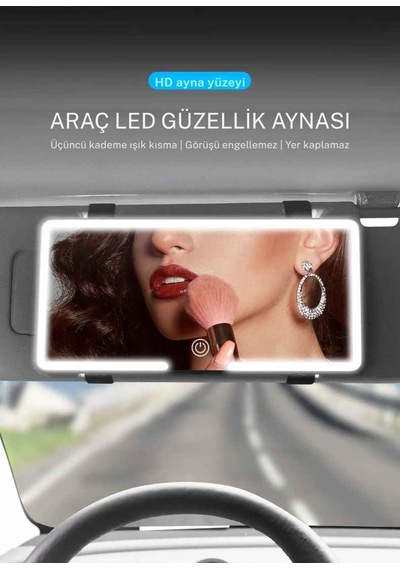 Monozone Şarjlı Led Araç Makyaj Aynası 3 Kademeli Işık Dokunmatik Hd Güneşlik Aynası Kadın Araç İçi Beyaz