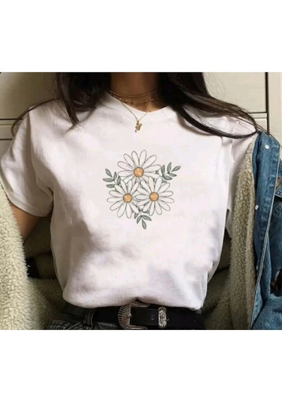 Noıssey Beyaz Papatya Çiçek Baskılı Oversize Kadın