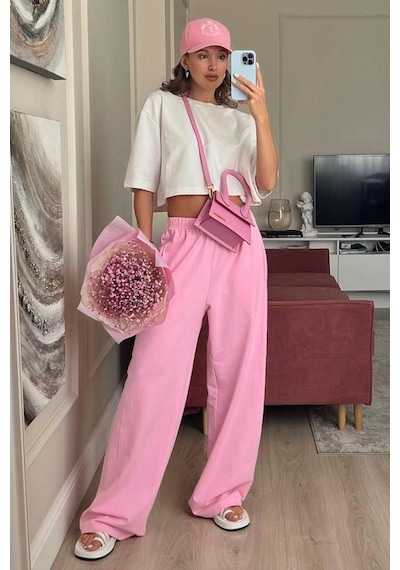 Pembe Yumuşak Dokulu Palazzo Jogger Kadın Eşofman Altı Mg2122 Pembe