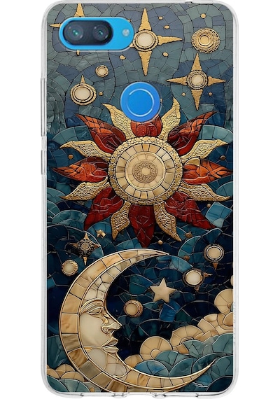 Printify Xiaomi Mi 8 Lite İle Uyumlu Vitray Sol Ve Luna Tasarımlı Şeffaf Silikon Kılıf Şeffaf