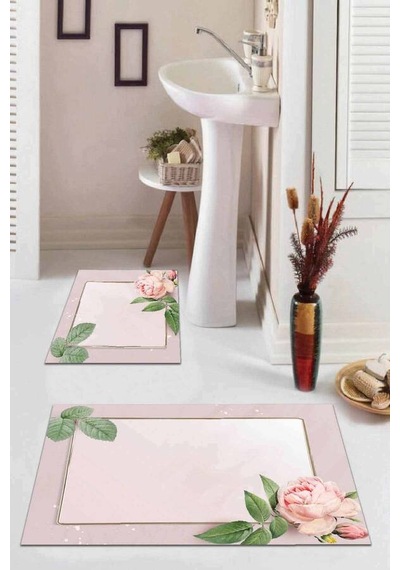 Pembe Çiçekli Desen Banyo Halısı Klozet Paspas Seti Bs009n11