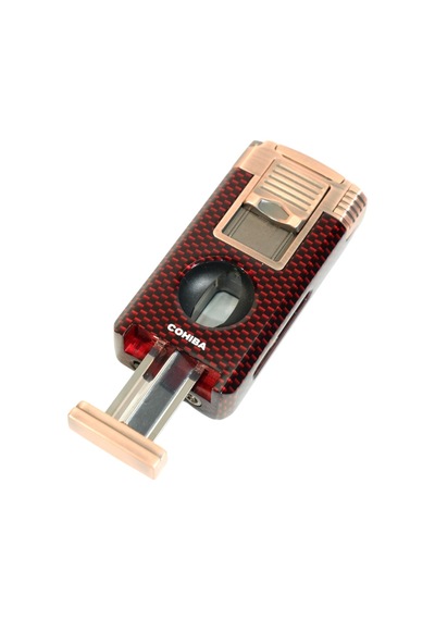 Cohiba Çift Torch Pürmüz Dahili Kesici Delicili Kırmızı Karbon Desenli Bronz Metal Puro Çakmağı - Tr9586