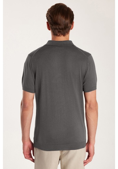 Tudors Erkek Slim Fit Dar Kesim Pamuklu Örme Triko Fermuarlı Füme Polo Yaka Tişört-42602