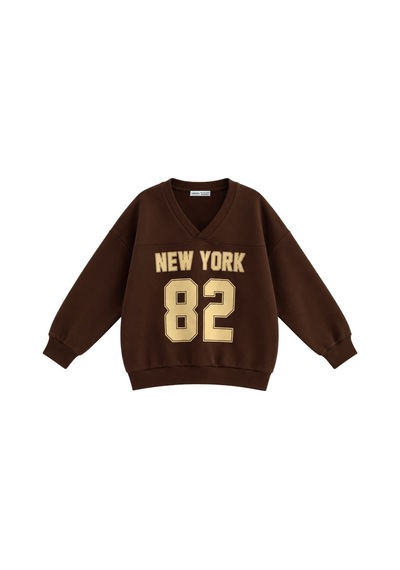 Vadon 1046 Kadın V Yaka New York Baskılı 3 İplik Pamuklu Sweatshirt Kahverengi