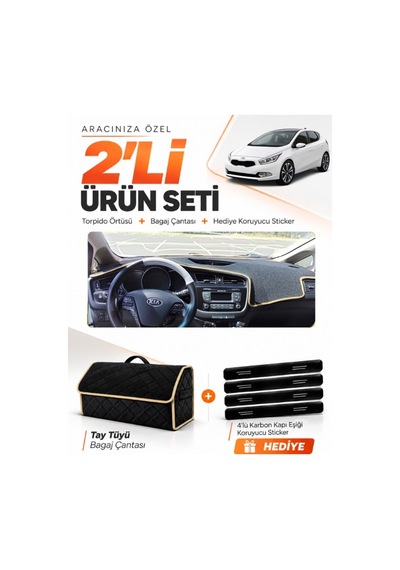E-biz Kia Ceed 2013-2019 Uyumlu Torpido Örtüsü + Tay Tüyü Bagaj Çantası Seti - Siyah-bej - Kı004