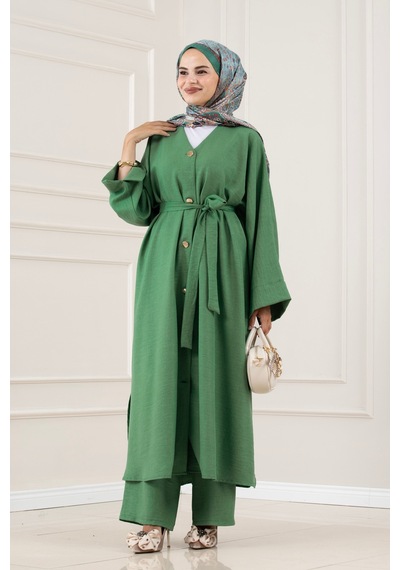Sevitli Düğmeli Davin Abaya İkili Takım-yeşil-5980