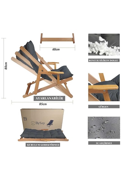 Reyo Bysay Puf Minderli Ahşap Kademeli Şezlong Bahçe&balkon&teras&plaj Katlanır Şezlong Naturel Antrasit