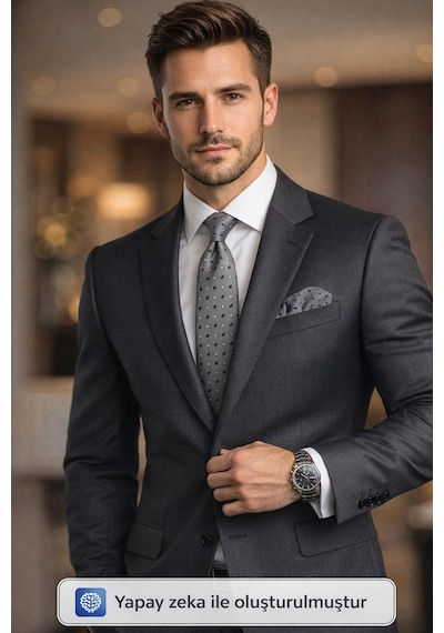 Gaffy Beyaz Lacivert Desenli Gri Dokuma Kumaş Mendilli Slim Fit Kravat // Sdk-2612-3 Gri