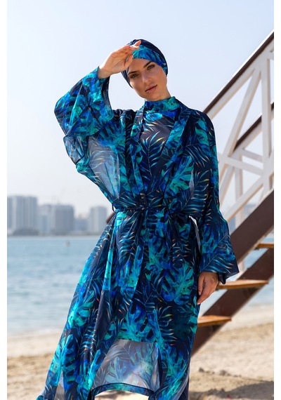 Remsa Mayo Remsa Tesettür Mayo Üzerine Tek Kaftan Kimono Pareo Rp009 Tropikal Lacivert