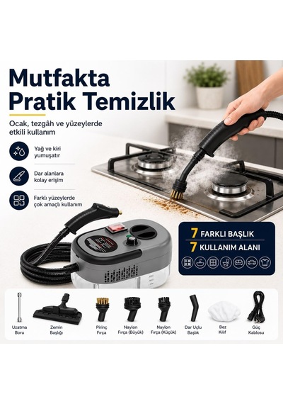 7 Başlıklı Çok Amaçlı Buharlı Temizleyici Şeffaf Su Hazneli Koltuk, Cam, Fayans Ve Zemin Temizleme Makinesi