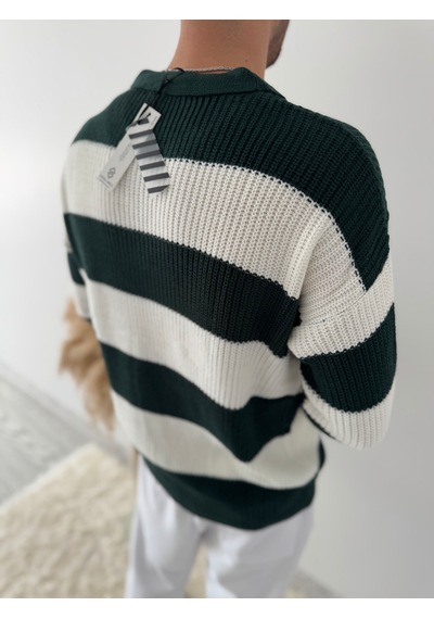 Say-Has Fashion Rahat Kalıp Erkek Polo Yaka Çizgili Triko Kazak Koyu Yeşil