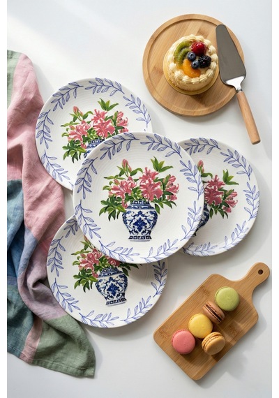 Grandora Vazo Ve Çiçek Desenli 6 Adet, 20 Cm Modern Pasta Tatlı Tabağı Seti Şık Kahvaltılık Tabak Koyu Pembe Çiçekli