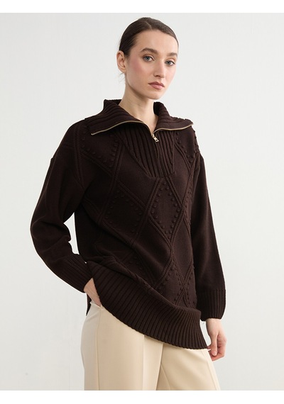 Lcw Modest Kahverengi Polo Yaka Baklava Desenli Kadın Triko Tunik