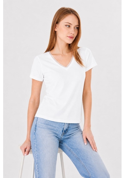 Sortie Collection Kadın V Yaka Tül Detaylı Pamuklu Basic Tişört Ekru