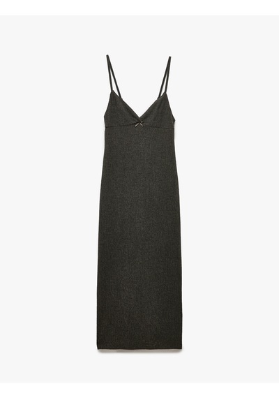 Koton Derin V Yaka Slim Fit Midi Boy İnce Askılı Kalem Elbise Antrasit 5sak80067ek Antrasit