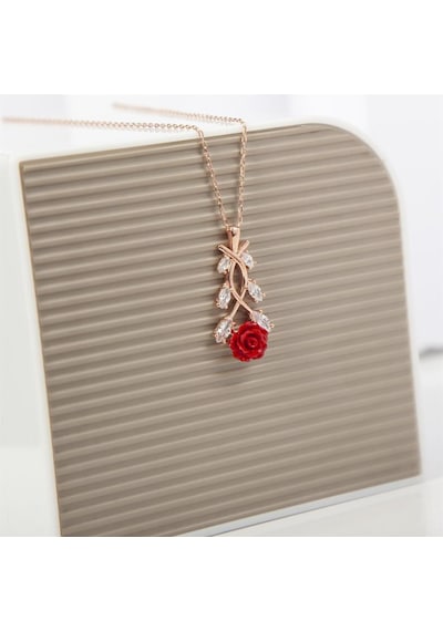 Kırmızı Gül Desenli Rose Kaplama 925 Gümüş Kadın Kolye
