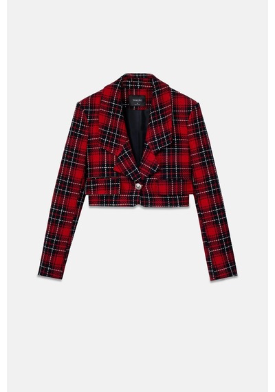 Kadın Kırmızı Ekoseli Crop Blazer Kırmızı