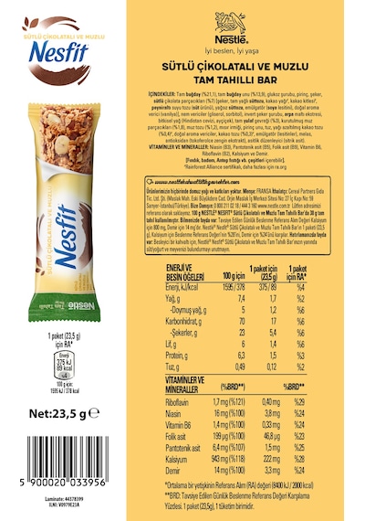 Nestlé Nesfit Sütlü Çikolatalı Ve Muzlu Tam Tahıllı Bar 32 x 23.5 G