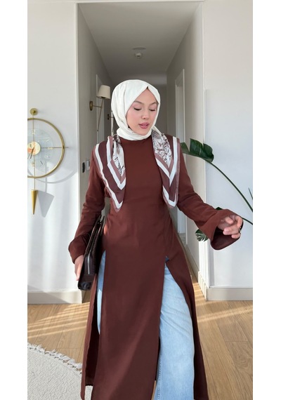 Esra Butik78 İnce Modal Kumaş Parçalı Arkadan Bağlama Detaylı Tunik Kahverengi, Bebe Mavisi & Bej 130 Cm Mavi