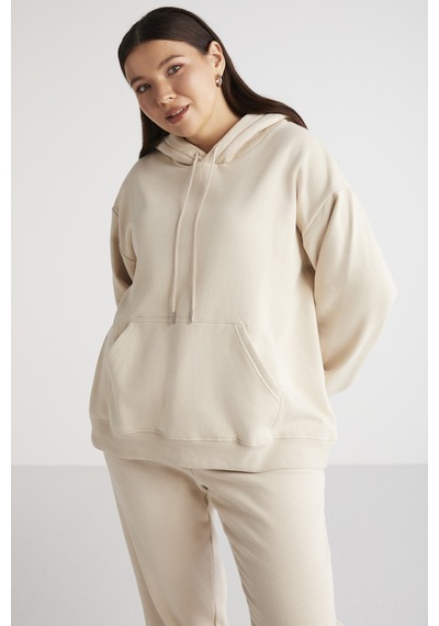 ETHIQUET TEREZABB Kadın Içi Polarlı Yumuşacık Comfort Fit Kapüşonlu Kanguru Cep Bej Büyük Beden Sweatshirt