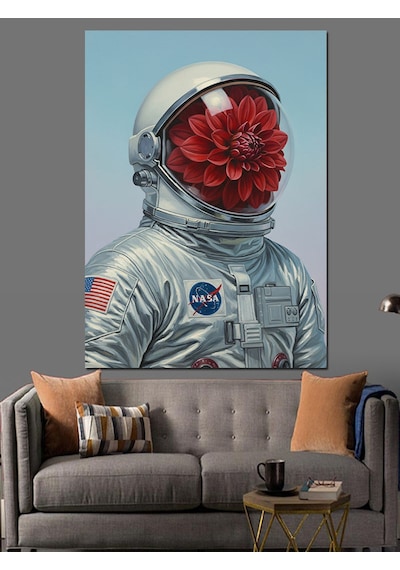 Karizma Tablo Astronot Başlı Çiçekli Adam Dekoratif Kanvas - Mdf Ahşap Tablo