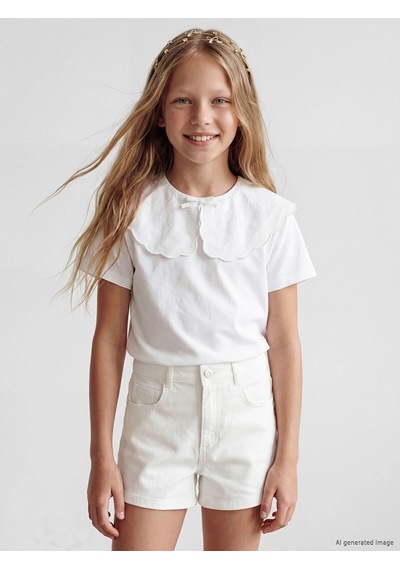 LC Waikiki Lcw Kids Ekru Bebe Yaka Fiyonklu Kız Çocuk Tişört Ecru
