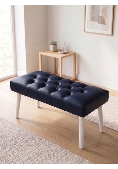 Modern Kapitoneli Lacivert Deri Kumaş Bench Puf Oturma Bankı Ahşap Beyaz Ayaklı Demonte 90x45