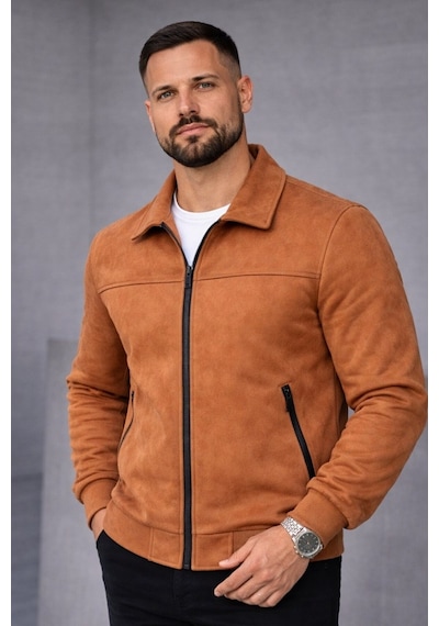 Baselco Basic Slim Fit Polo Yaka Süet Ceket Taba