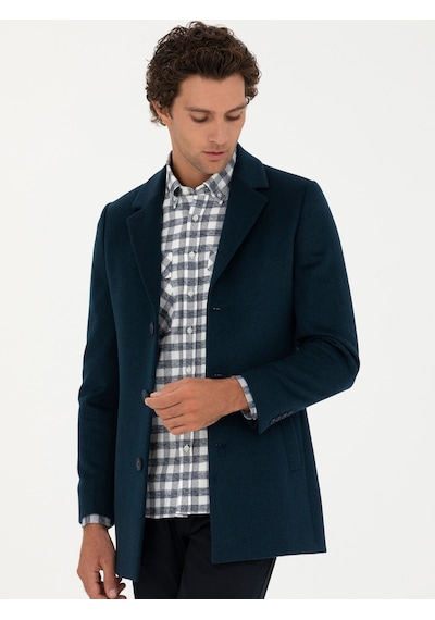 Cacharel Petrol Mavisi Yün Karışımlı Ex. Slim Fit Palto