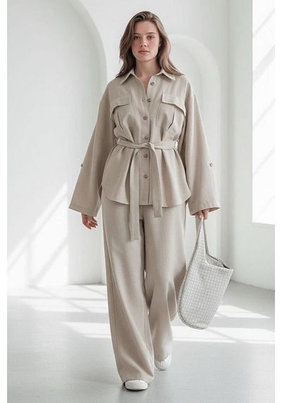 Seeh Bej Uzun Kollu Oversize Kadın Takım Sh338 Standart