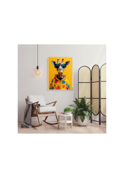 Sevimli Zürafa Doğal Ahşap Çerçeveli Tek Parça Dekoratif Tablo Çok Renkli - 820590376 Çok Renkli