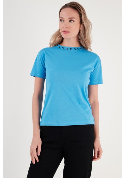 Lela Yakası Baskılı Bisiklet Yaka Basic Örme Bayan T Shirt 5864054 Bebe Mavi