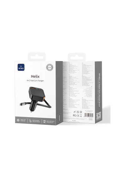 Wiwu Wi-cc033 Type-c + Usb-a Hızlı Şarj Akım Korumalı Dahili Kablolu Araç Şarj Aleti 65w Siyah