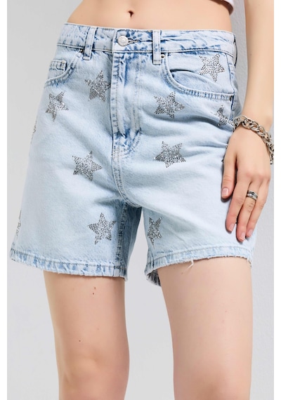 Itsbasic Kadın Kot Rengi T-4s6-3 Mom Fit Midi Boy Parlak Yıldız Taşlı Özel Tasarım Denim Şort Kot Renk