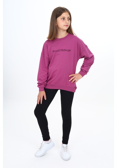 Toontoy Kız Çocuk 2'li Takım Baskılı Bisiklet Yaka Düşük Omuz Sweatshirt & Basic Düz Tayt Mürdüm Toontoy Kız Çocuk 2'li Takım Baskılı Bisiklet Yaka Düşük Omuz Sweatshirt & Basic Düz Tayt Mürdüm