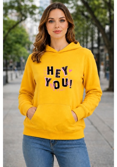 Herkesemoda Hey You Baskılı Kapüşonlu 2 İplik Şardonlu Sweatshirt Sarı