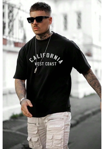 Unisex West Coast Baskılı Oversize Tshirt Siyah