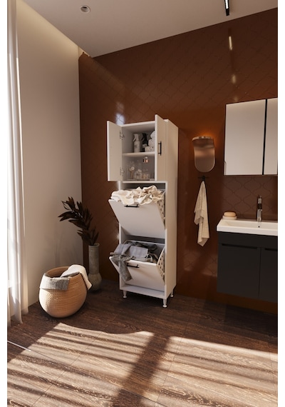 Nergiz Çamaşır Sepetli Çok Amaçlı Banyo Dolabı Beyaz Çift Bölmeli Düzenleyici Dolap