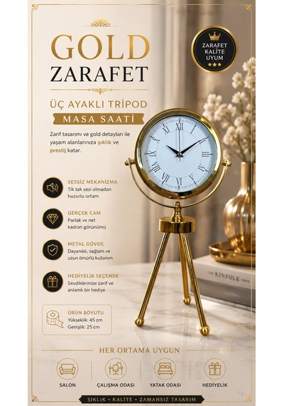 Saray Zarafeti Gold Tripod Üç Ayaklı Metal Masa Saati