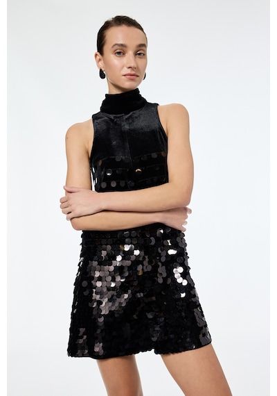 Koton Kolsuz Pul Payet İşlemeli Mini Halter Yaka Kadife Elbise Siyah 6wak80328ek Siyah