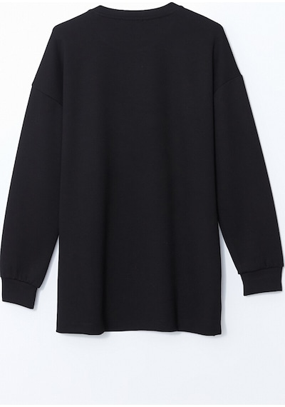 Lcwaıkıkı Classic Siyah Bisiklet Yaka Boncuk İşlemeli Kadın Sweatshirt Tunik