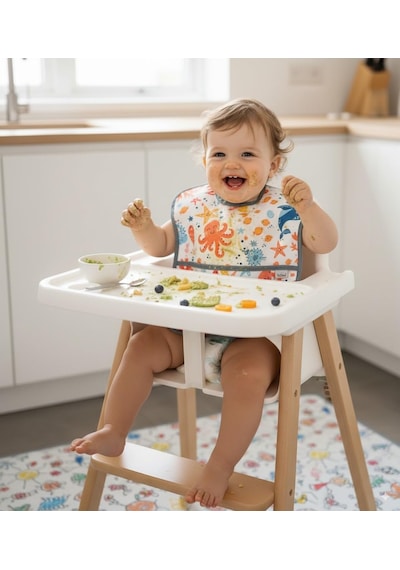 Boyundan Cırtlı, Su Geçirmez Cepli Makinada Yıkanabilir Bebek Mama Önlük