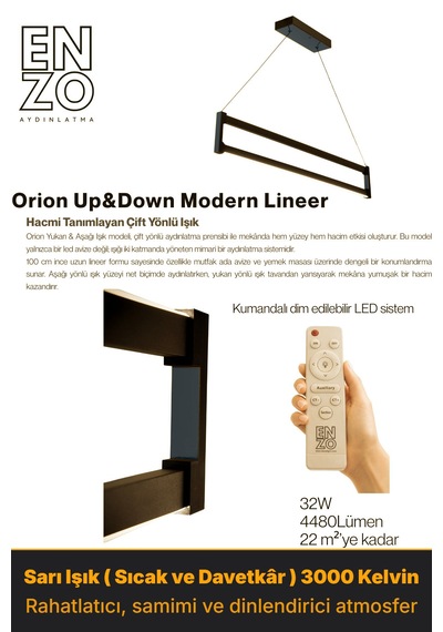 Orion Füme Lineer Led Sarkıt Avize Kumandalı Dim Edilebilir Yukarı & Aşağı Işık Sarı Işık