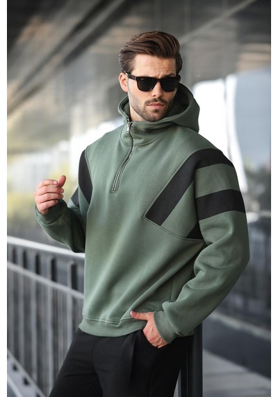 Madmext Haki Fermuarlı Yaka Kapüşonlu Erkek Sweatshirt E7161 Haki