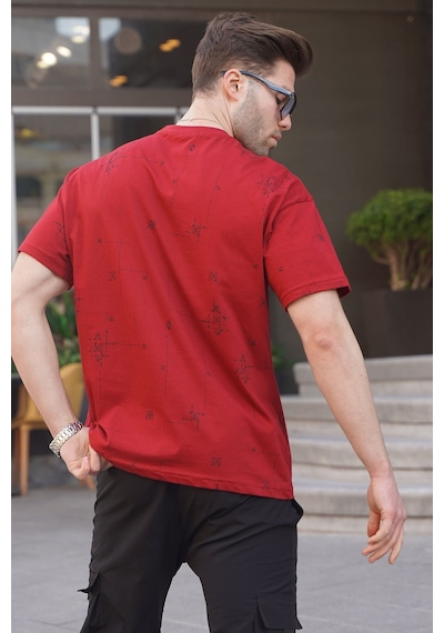 Madmext Bordo Bisiklet Yaka Baskılı Erkek Tişört 6093 Bordo
