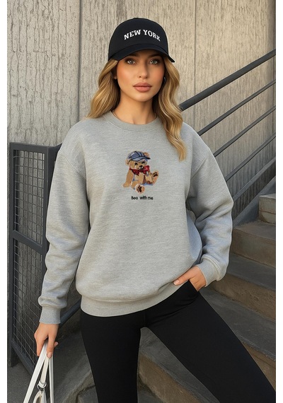 Fashion Friends 25k0244k1 Kadın Nakışlı Oversize Sweatshirt Gri Melanj