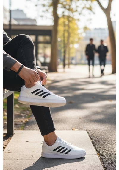 Enoch Erkek Dörtlü Şerit Detaylı Düz Tabanlı Günlük Spor Ayakkabı Sneaker Beyaz - Siyah Enoch Erkek Dörtlü Şerit Detaylı Düz Tabanlı Günlük Spor Ayakkabı Sneaker Beyaz - Siyah