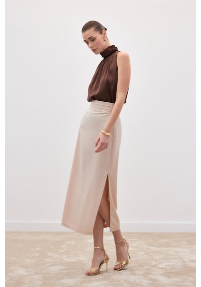Sateen Bel Pile Detaylı Saten Etek - Bej-136549 Bej