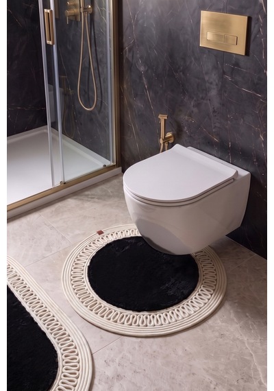 Banyo Paspası Takımı 60x100+60x60 Cm İç Trikot Siyah & Krem Siyah - Krem